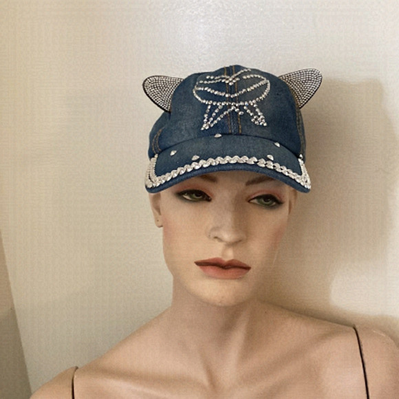 Rhinestone Bling Youth Denim Hat  /Cap Adjustable Strap Cat Ears - Picture 1 of 8